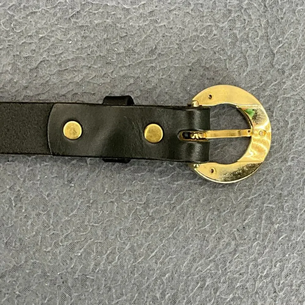 Vintage 90s Black Leather Brass Round Buckle Belt Women 31.5”-35.5”